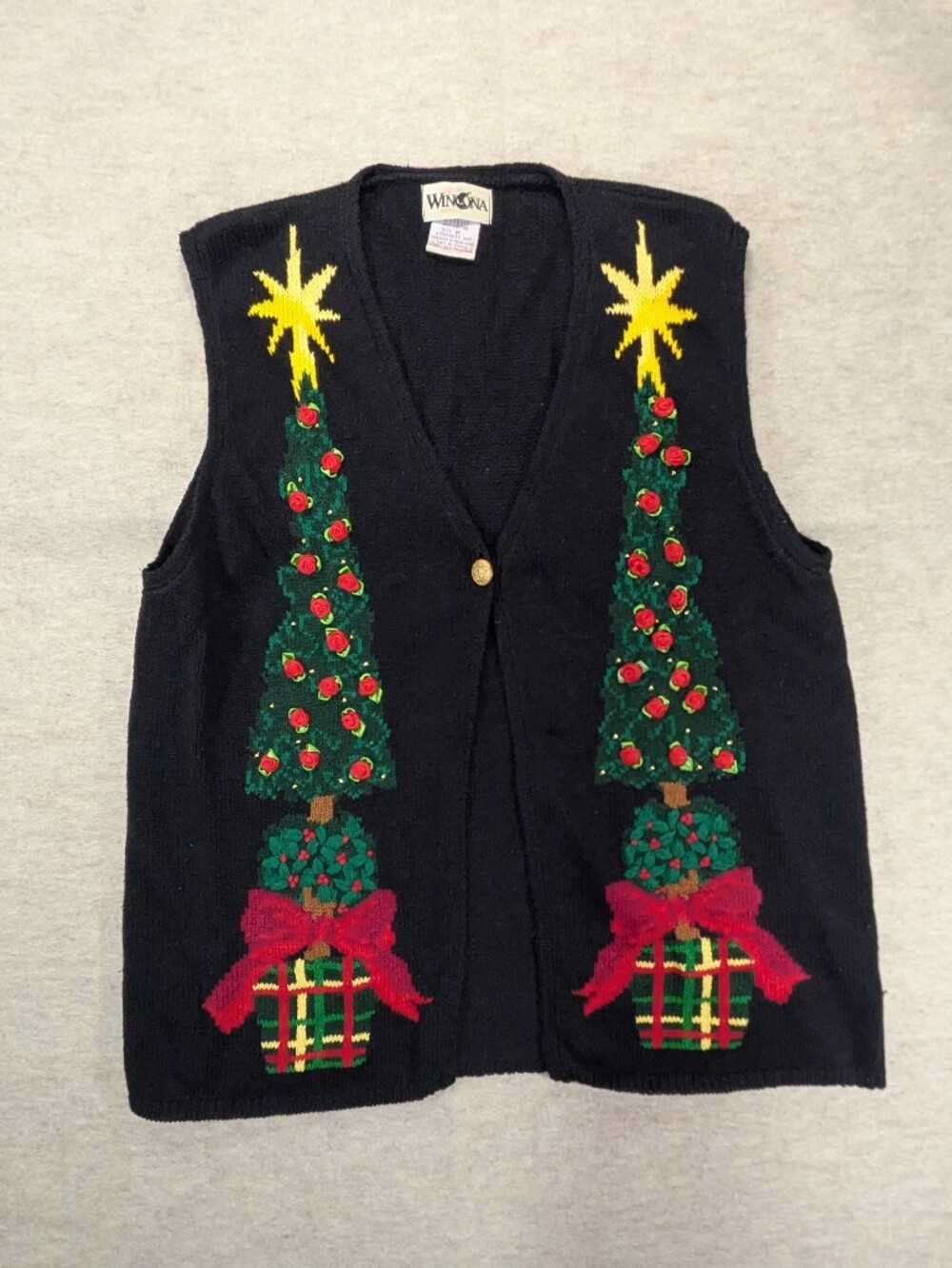 Vintage Christmas Tree Sleeveless Cardigan Holiday Jacquard Knit Oversized Med